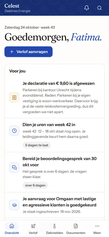 The Celest home screen on a phone for Fatima El Amrani, employee: a rejected expense claim, hours still to submit and an appraisal to prepare.