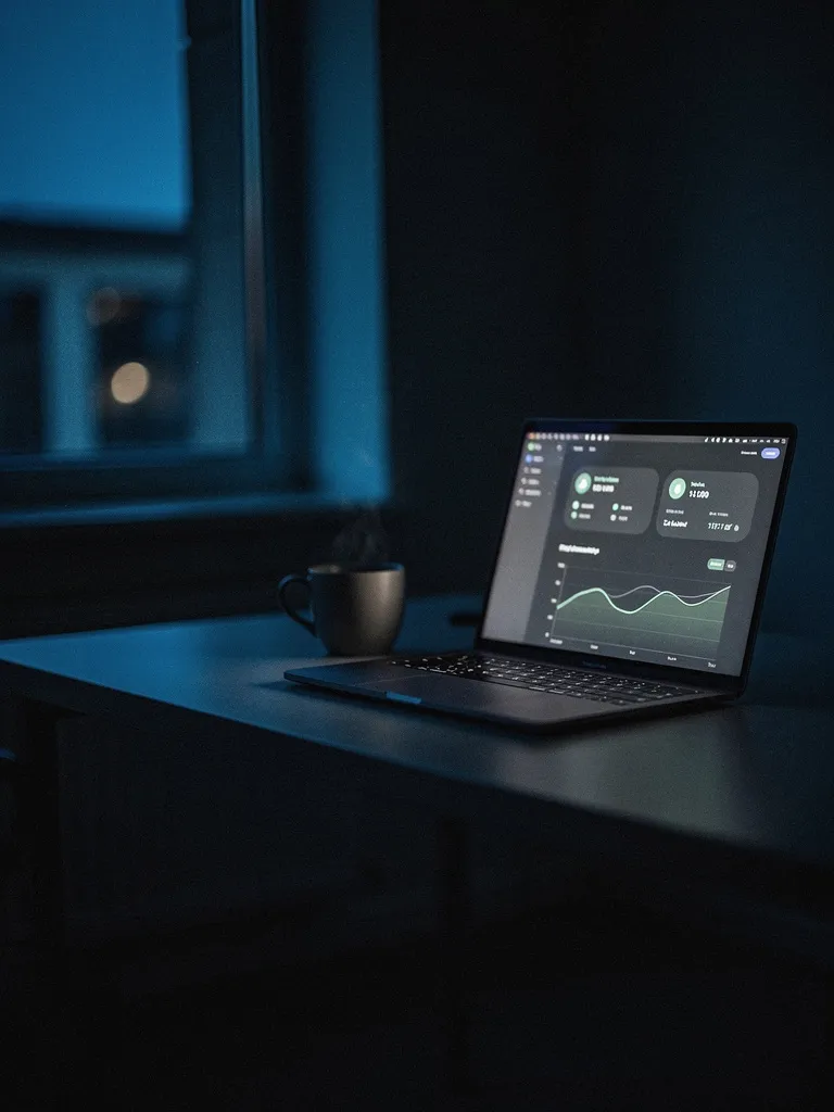 A laptop on a quiet desk at night showing a calm website monitoring dashboard, a cup of coffee beside it.