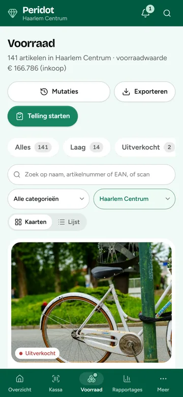 Voorraad op een telefoon in Peridot: de voorraadwaarde van de winkel, knoppen voor Mutaties, Exporteren en Telling starten, en een product dat uitverkocht is.