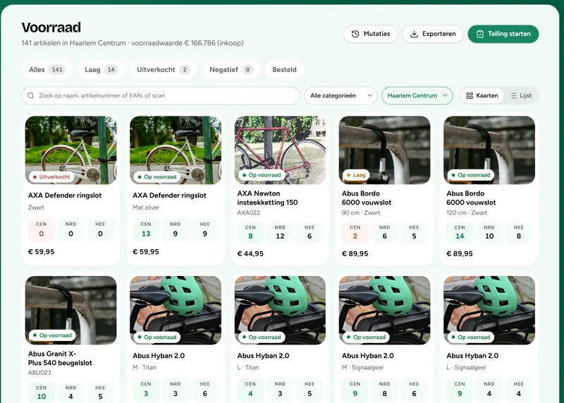 Voorraad in Peridot: 141 artikelen in Haarlem Centrum met een voorraadwaarde van €166.786, filters voor Laag, Uitverkocht, Negatief en Besteld, en productkaarten met een foto, de prijs en de voorraad in elk van de drie winkels.