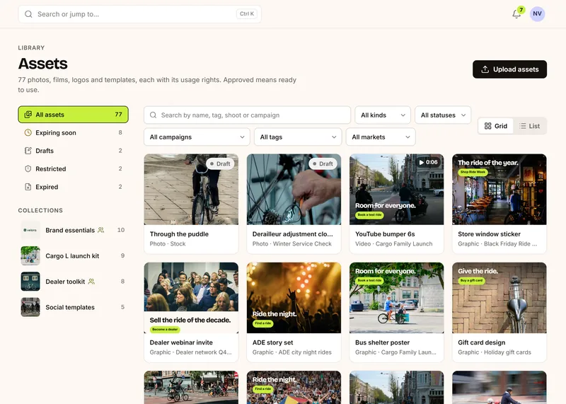The asset library in Prism: 77 photos, films, logos and templates, with filters for expiring soon, drafts, restricted and expired, collections such as Brand essentials and Dealer toolkit, and a grid of images with their kind and campaign.