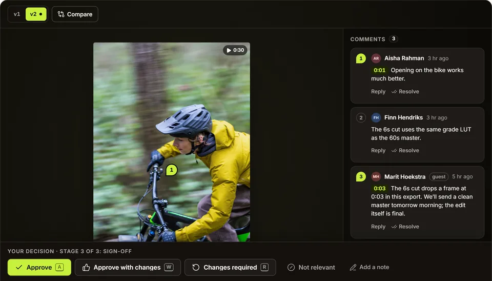 The review room in Prism for version 2 of the brand film cut-downs: the video with a numbered pin on the rider, three comments beside it, two with a time code and one from a guest reviewer, and the decision bar for stage 3 of 3, sign-off.