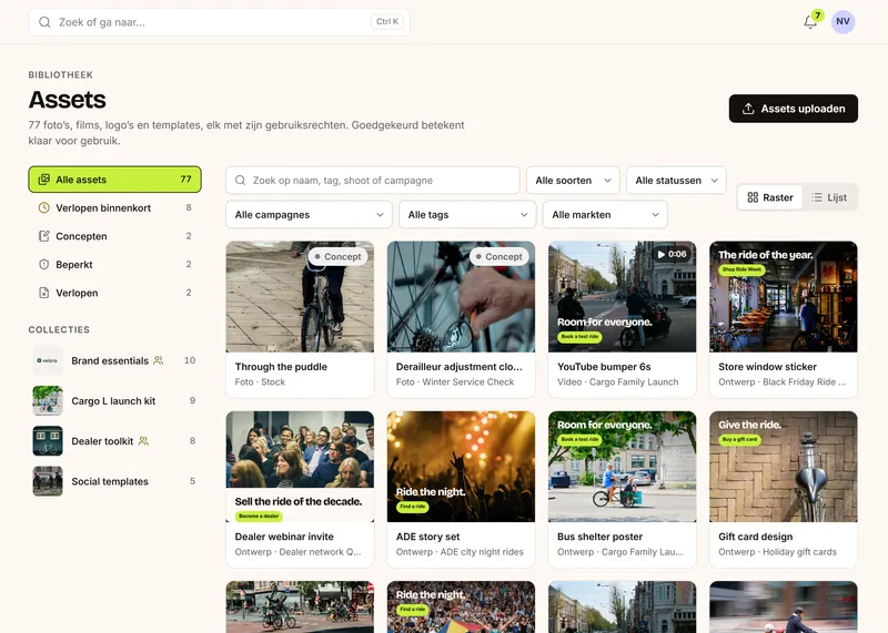 De assetbibliotheek in Prism: 77 foto's, films, logo's en templates, met filters voor Verlopen binnenkort, Concepten, Beperkt en Verlopen, collecties zoals Brand essentials en Dealer toolkit, en een raster met beelden met hun soort en campagne.