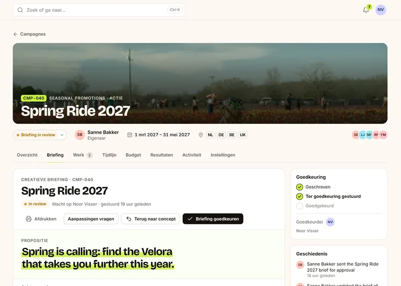 De campagne Spring Ride 2027 in Prism met de creatieve briefing in review: de propositie gemarkeerd in limoengroen, de knoppen Aanpassingen vragen en Briefing goedkeuren, en een paneel Goedkeuring dat laat zien dat de briefing is geschreven en ter goedkeuring is gestuurd naar de marketingmanager.