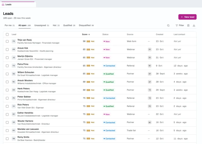 The leads list in Zenit: 189 open leads, 29 of them new this week, each with its score and a hot marker, its status, its source such as a web form, a webinar or a referral, and when it was last contacted.