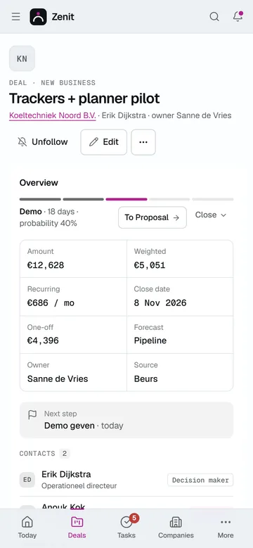 An open deal on a phone: the stage with its probability, the amount, the recurring value, the close date and the next step, a demo planned for today.