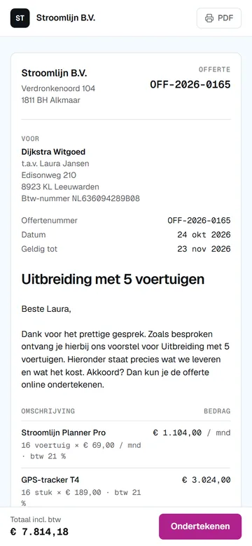 A quote waiting for a signature on a phone: the lines, the total of €7,814.18 and a sign button.