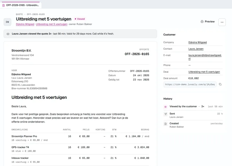 A quote in Zenit for Dijkstra Witgoed with the note that the contact viewed it three times, the last time within the hour, the quote itself with its lines and VAT, the link for the customer and a history of created, sent and viewed.