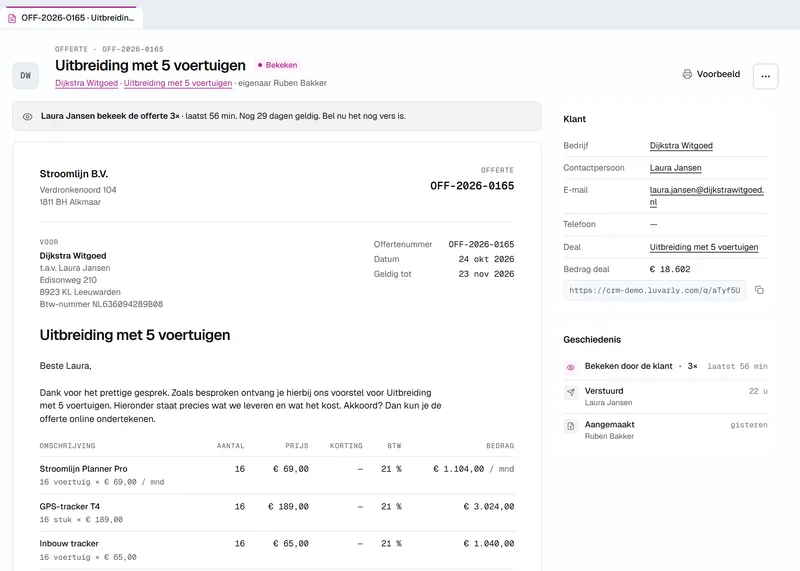 Een offerte in Zenit voor Dijkstra Witgoed met de melding dat de contactpersoon de offerte drie keer bekeek, het laatst binnen het uur, de offerte zelf met regels en btw, de link voor de klant en een geschiedenis van aangemaakt, verstuurd en bekeken.